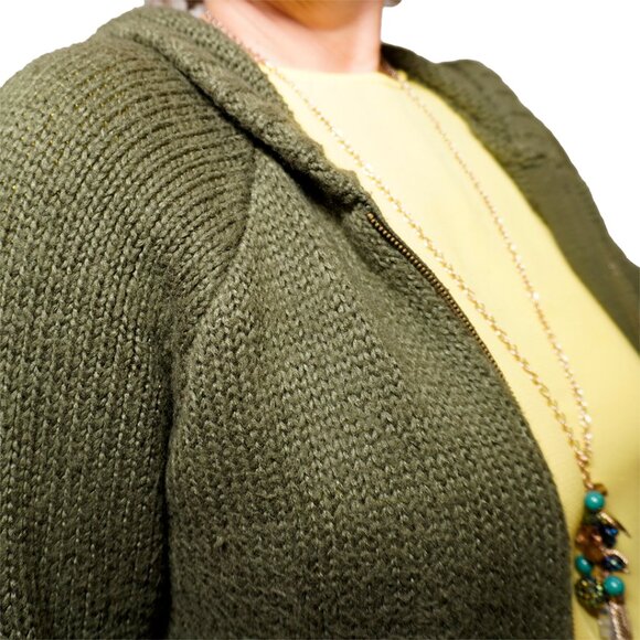 Rib Star Elbow Patch Zip Hoodie Cardigan Olive Green - Picture 5 of 10